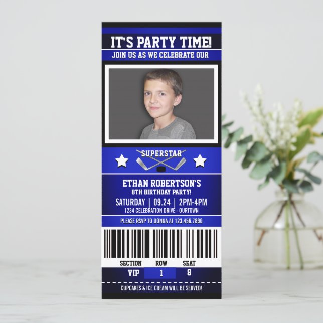 Blue/White Hockey Ticket Birthday Party Invitation (Standing Front)