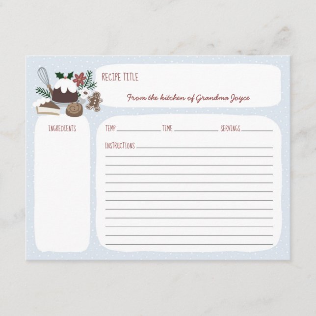 Blue + White Holiday Baking Recipe Card (Front)