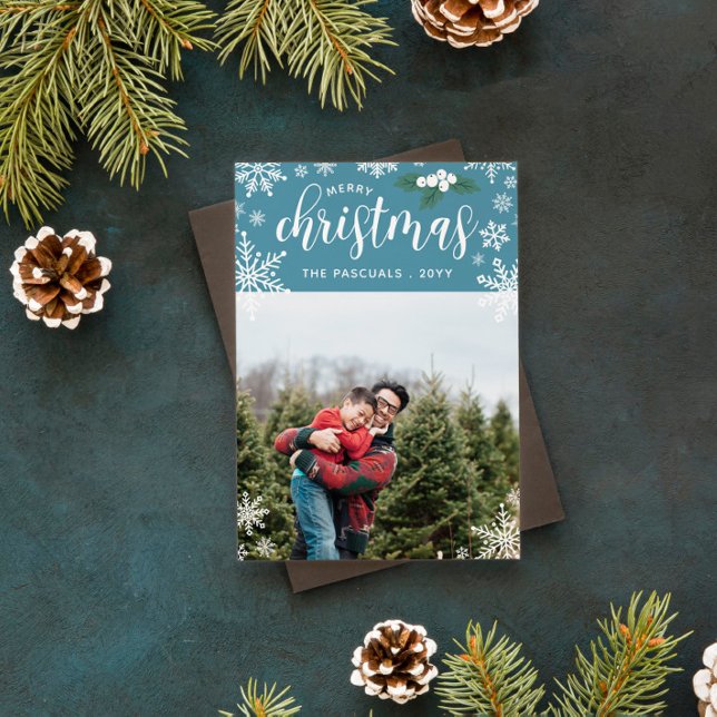 Blue White Holly Snowflakes Merry Christmas Photo Holiday Card (Creator Uploaded)