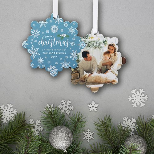 Blue White Holly Snowflakes Merry Christmas Photo Ornament Card