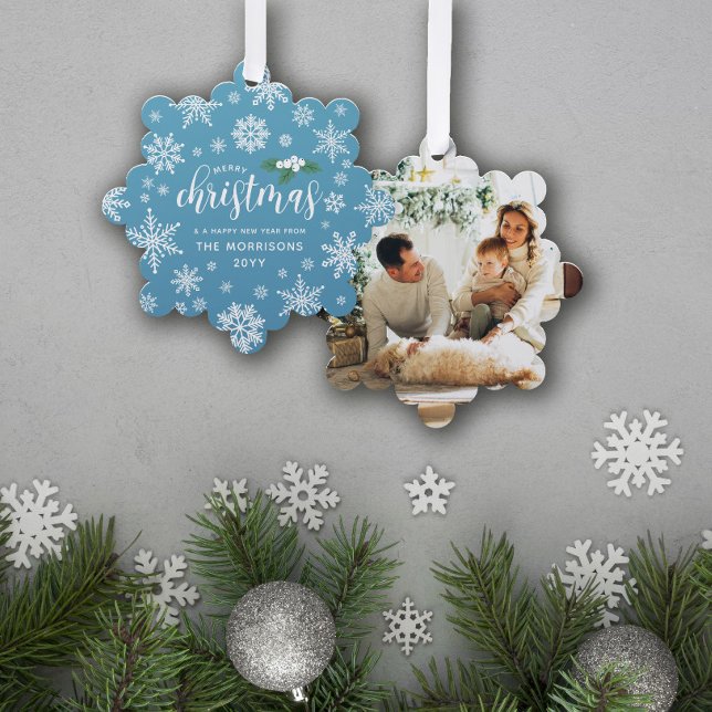 Blue White Holly Snowflakes Merry Christmas Photo Ornament Card (Creator Uploaded)