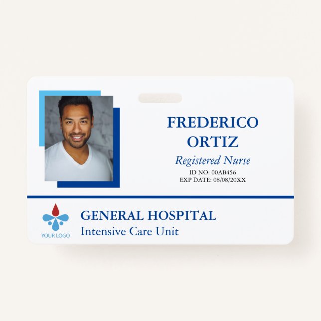 Blue & White Hospital Employee ID Your Logo Badge (Front)