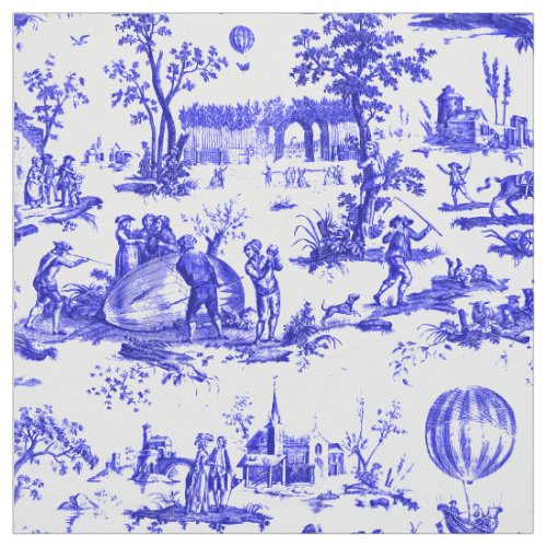 Blue  White Hot Air Balloons Toile Pattern Fabric