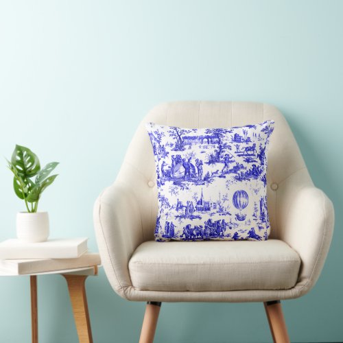 Blue  White Hot Air Balloons Toile Pattern Throw Pillow