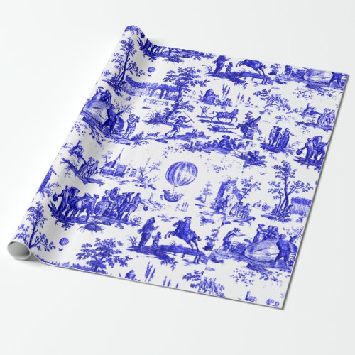 Blue  White Hot Air Balloons Toile Pattern Wrapping Paper