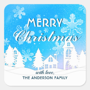 Blue White House Snowflakes Xmas Happy New Year Square Sticker