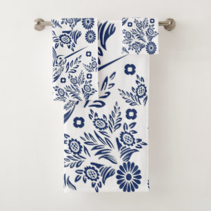 Blue & White Hummingbird Mexican Floral Talavera Bath Towel Set