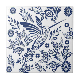 Blue & White Hummingbird Mexican Floral Talavera Ceramic Tile