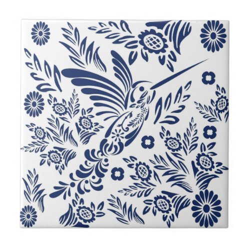 Blue  White Hummingbird Mexican Floral Talavera  Ceramic Tile