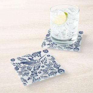 Blue & White Hummingbird Mexican Floral Talavera Glass Coaster