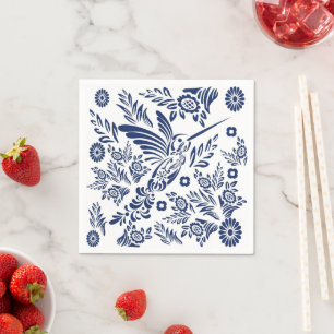 Blue & White Hummingbird Mexican Floral Talavera Napkins
