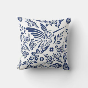 Blue & White Hummingbird Mexican Floral Talavera Throw Pillow