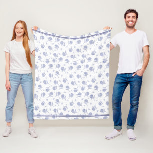 Blue & White Hydrangea Botanical Toile Pattern Fleece Blanket