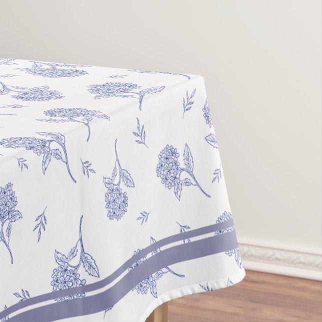 Blue & White Hydrangea Botanical Toile Pattern Tablecloth (In Situ)