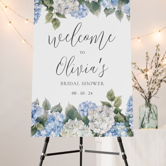 Blue & White Hydrangea Bridal Shower Foam Board (In Situ (Stand))