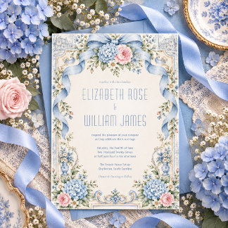 Blue White Hydrangea Elegant Wedding Invitation
