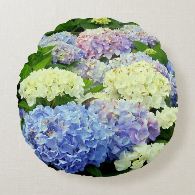 Blue-White-Hydrangea Flowers-ROUND PILLOW (Front)