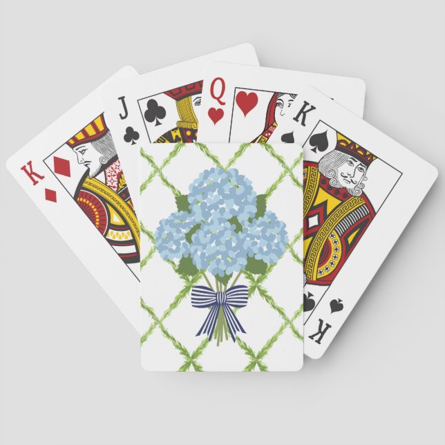 Blue & White Hydrangea, Grandmillenial Trellis  Poker Cards (Back)