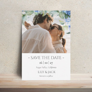 Blue & White Hydrangea Photo Save The Date Card