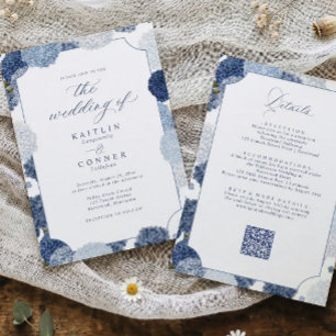 Blue & White Hydrangea Wedding Vintage All in One Invitation