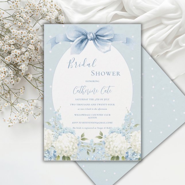 Blue White Hydrangeas Ribbon Vintage Bridal Shower Invitation (Creator Uploaded)