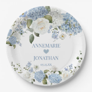 Blue White Hydrangeas, White Roses Floral Wedding Paper Plates