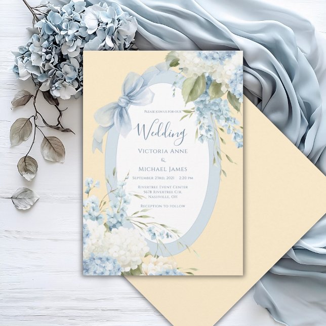 Blue White Hydrangeas Yellow Elegant Wedding Invitation (Creator Uploaded)