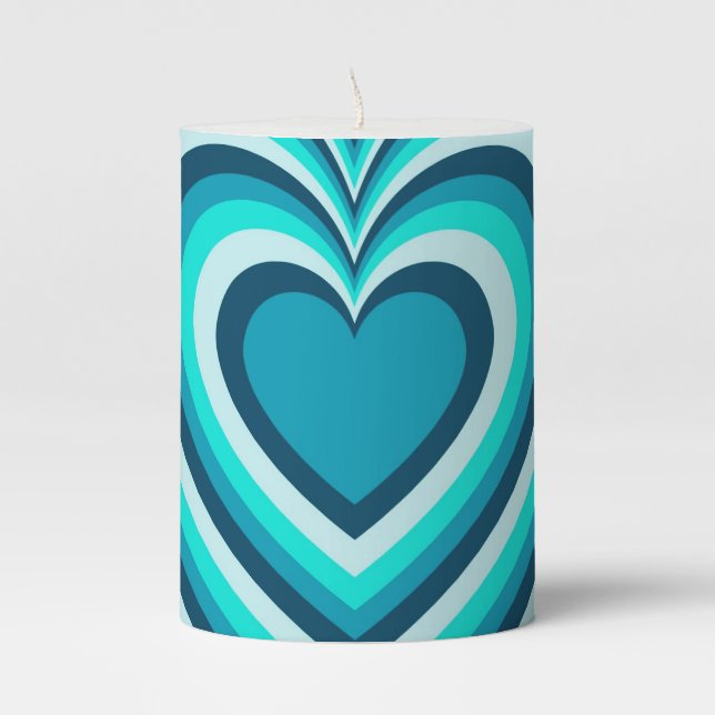 Blue White Hypnotic Heart Love Pattern Pillar Candle (Front)