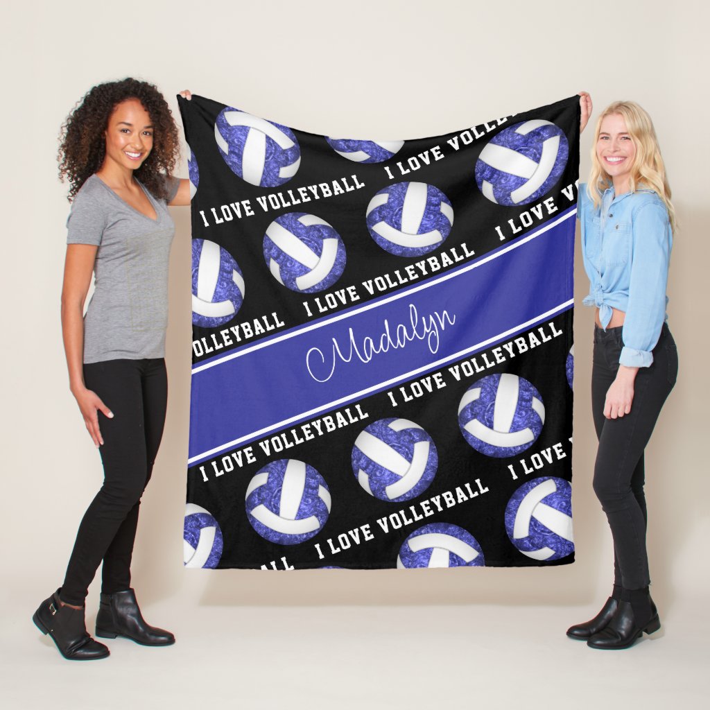 blue white I love volleyball girly personalized fleece blanket