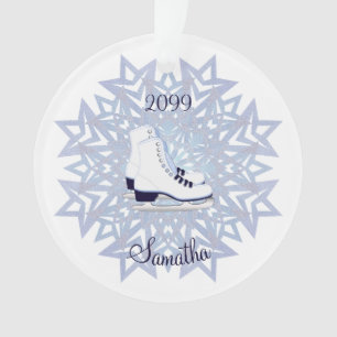 Blue White Ice Skates on Blue Snowflake Christmas Ornament