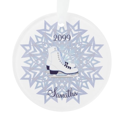 Blue White Ice Skates on Blue Snowflake Christmas  Ornament