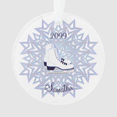 Blue White Ice Skates on Blue Snowflake Christmas  Ornament