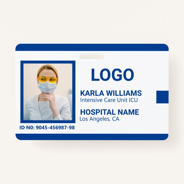 Blue White ICU Nurse ID Photo Badge  (Front)