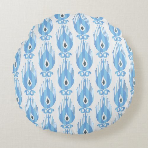 Blue White Ikat Pattern Design Round Pillow