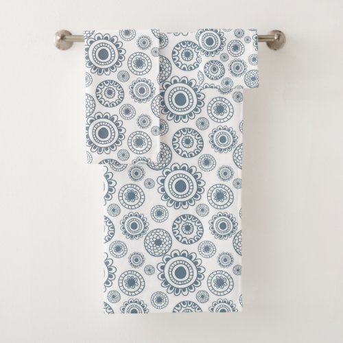 Blue White Illustrated Floral Pattern  Bath Towel Set