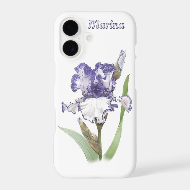 Blue White Iris Flower Botanical Art Personalized iPhone Case (Back)