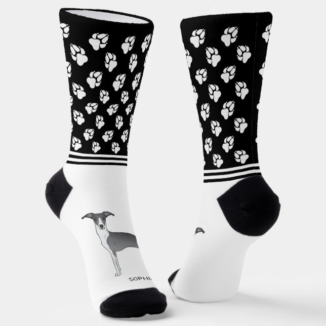 Blue & White Italian Greyhound With Name And Paws Socks (Angled)