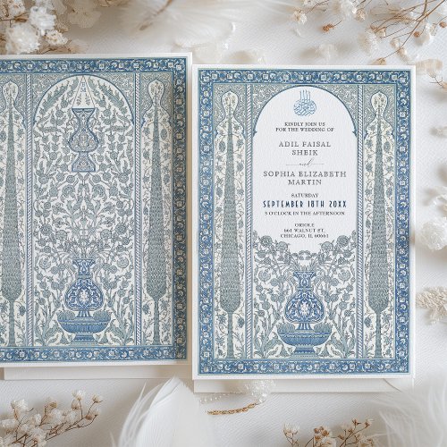 Blue White Iznik Tile Inspired Muslim Wedding Invitation