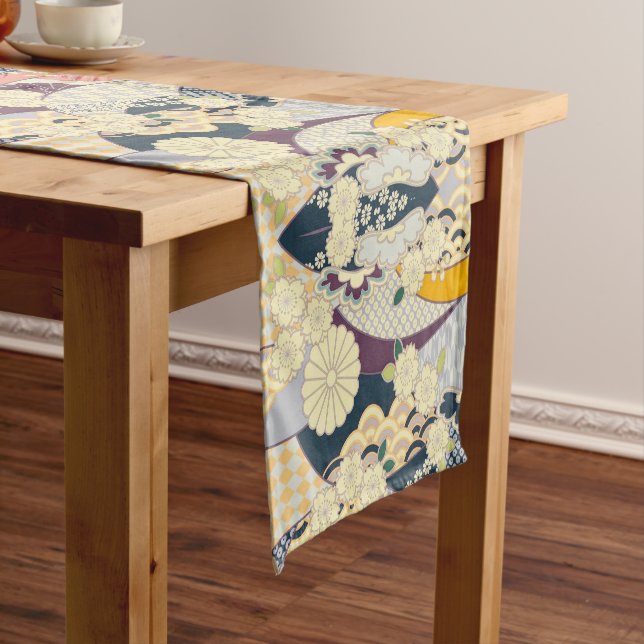 Blue White Japanese Kimono Floral Cotton Dining  Short Table Runner (In Situ)