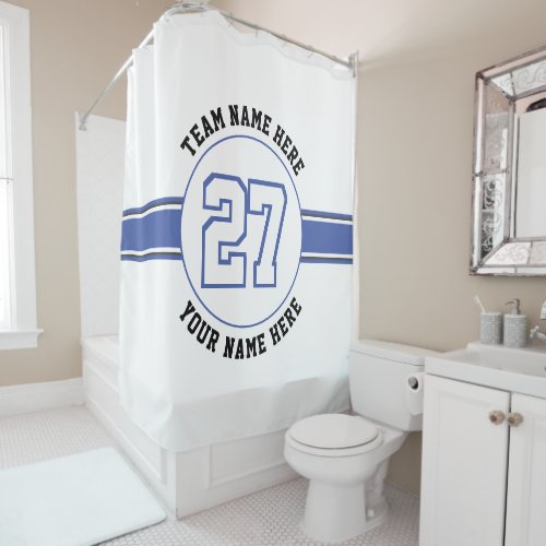 Blue white jersey number team player name sports shower curtain