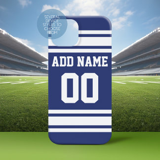 Blue White Jersey Stripes with Name and Number iPhone 15 Plus Case