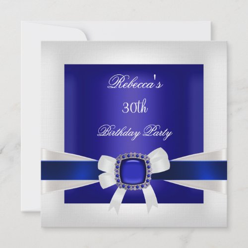 Blue White Jewel Bow 30th Birthday Party Silver Invitation