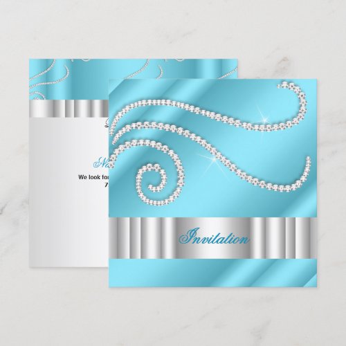 Blue White Jewel diamonds Silver Birthday Party Personalized Invite