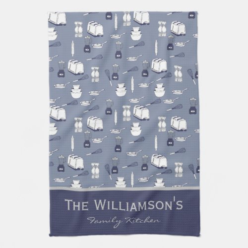 Blue  White Kitchen Utensils Doodle with Name Kitchen Towel