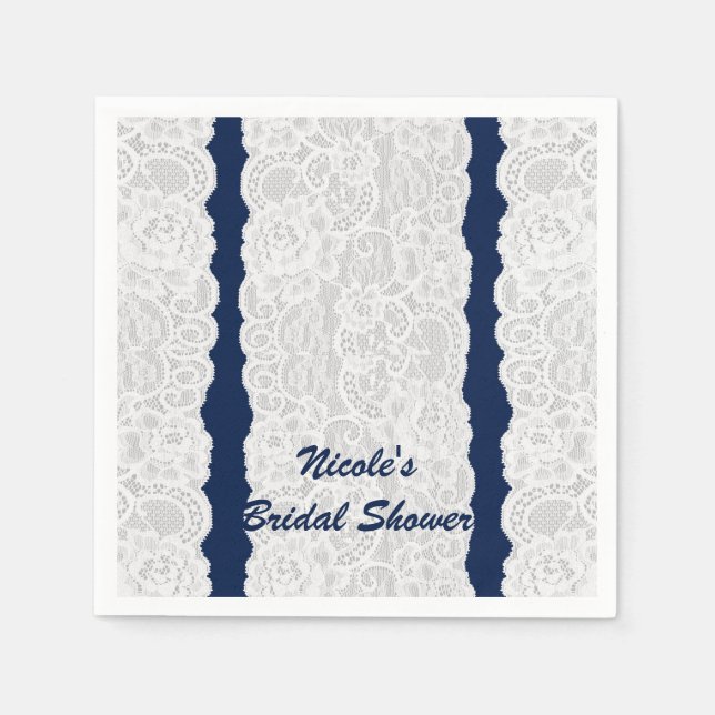 Blue & White Lace Bright Elegant Rustic Party Paper Napkins (Front)