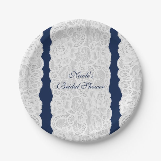 Blue & White Lace Bright Elegant Rustic Party Paper Plates (Front)