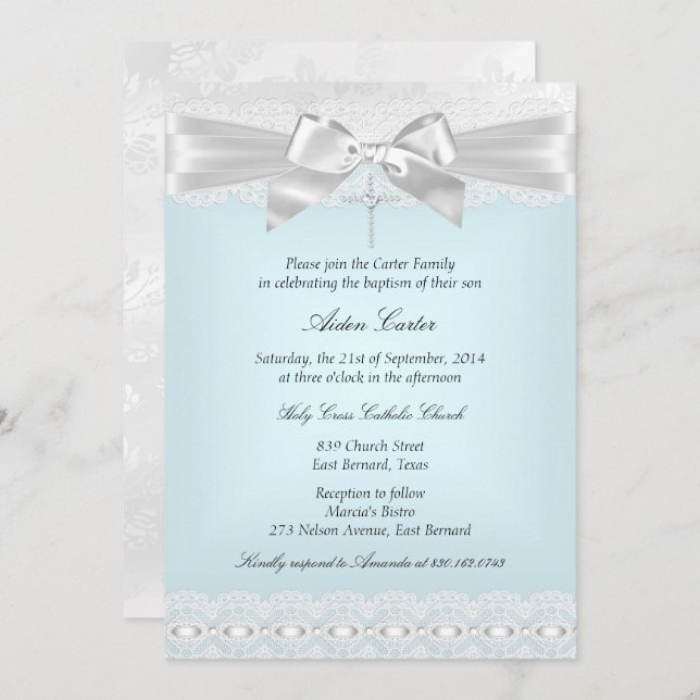 Blue White Lace Cross Baptism Invite (Front/Back)