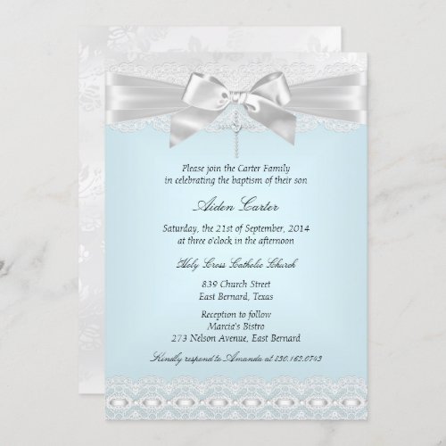 Blue White Lace Cross Baptism Invite