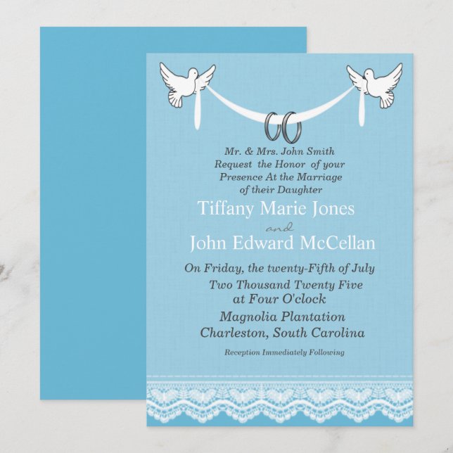 Blue White Lace Doves with Rings Wedding   Invitation (Front/Back)