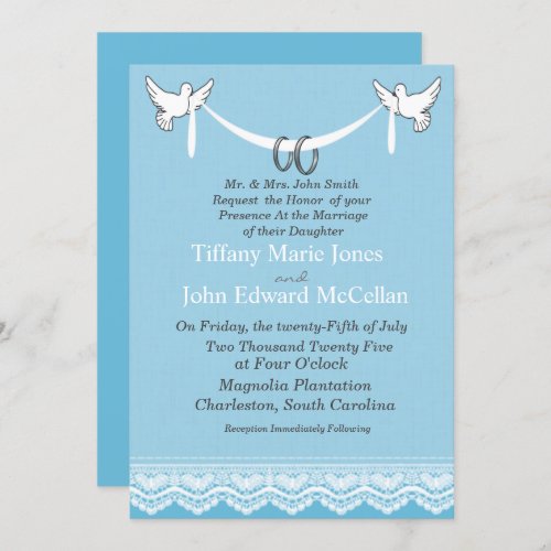 Blue White Lace Doves with Rings Wedding   Invitation